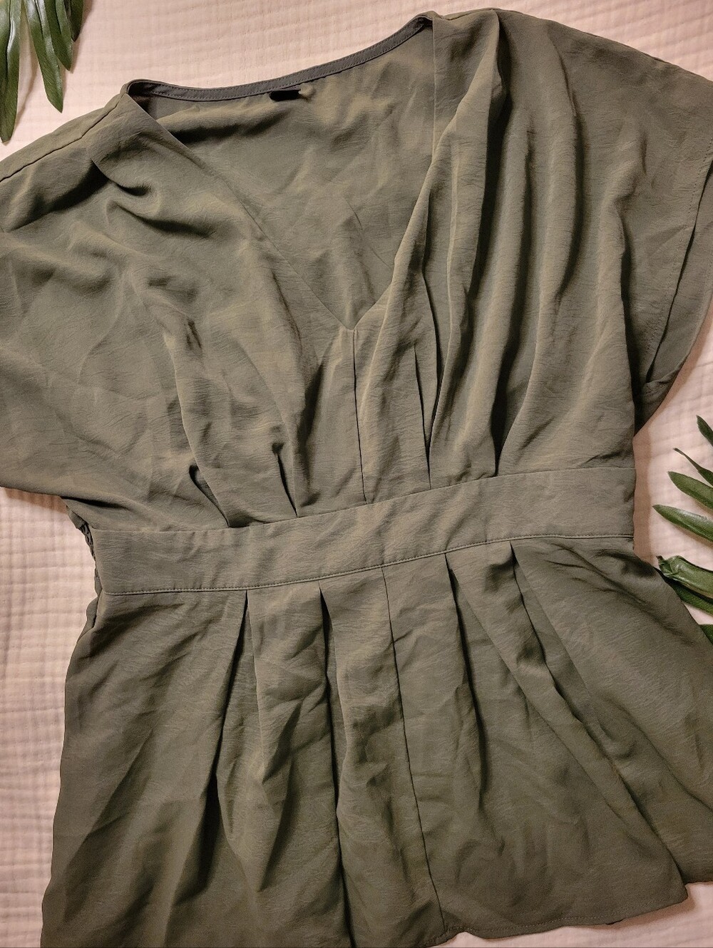 Olive Green V-Neck Pleated Women’s Dress